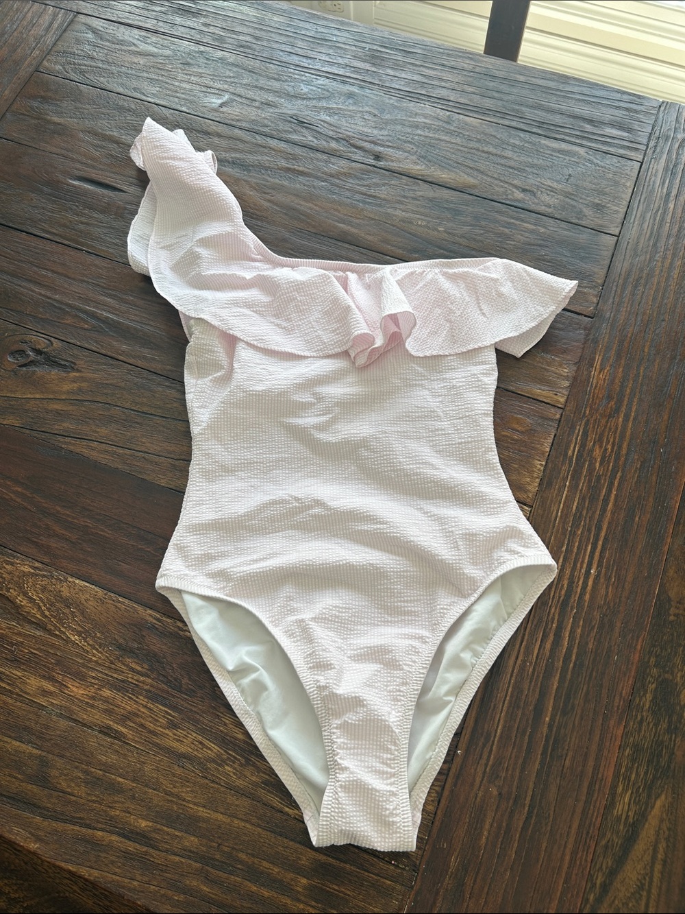 J. Crew Pink and White Gingham One shoulder swim suit